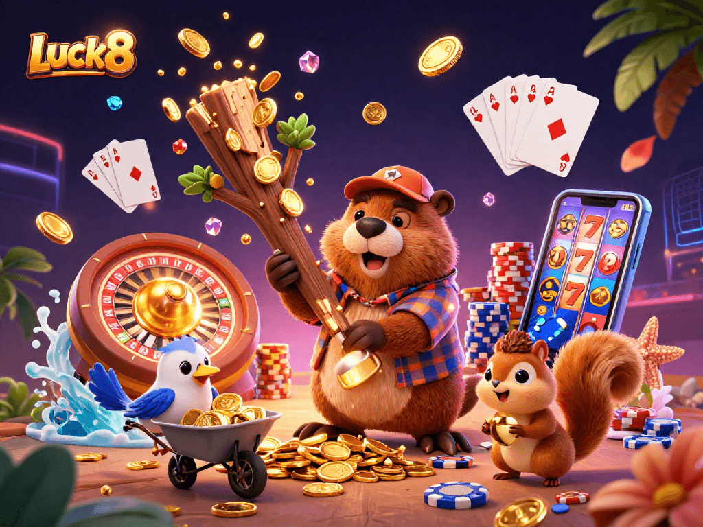 Luck8 promo illustration with a beaver chopping a coin tree amidst casino elements and excitement