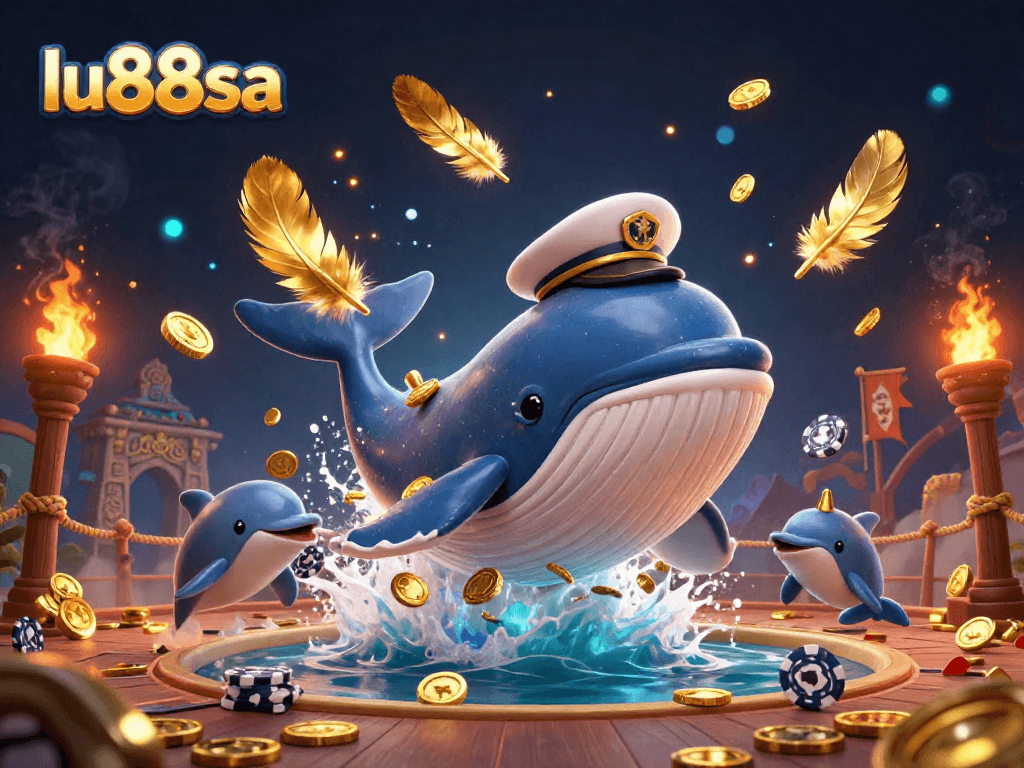 Experience the excitement of lu88sa with a cartoon whale, narwhal, and dolphins amidst casino elements.