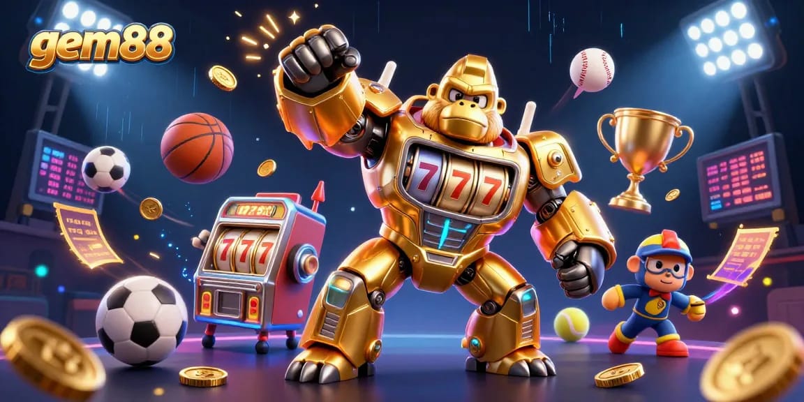 Experience gem88's thrilling gaming scene with a golden gorilla mech and sports elements.