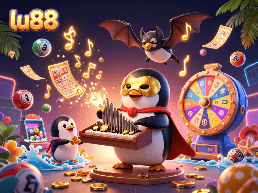 Experience thrilling casino excitement with lu88, featuring a cartoon penguin and vibrant game elements!