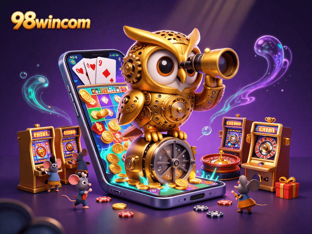 Experience thrilling action at 98wincom with a vivid scene of a clockwork owl observing a busy casino floor.
