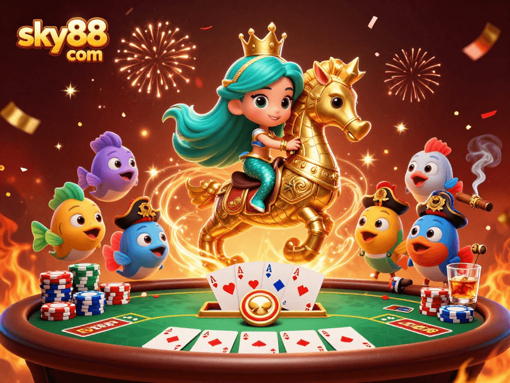 Join the fun at sky88 com with a vibrant gaming scene featuring mermaids, poker, and underwater adventures.