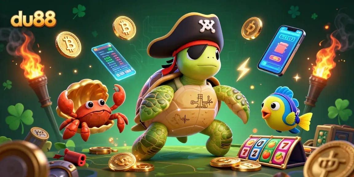 Engage with du88 through a vibrant 3D scene featuring gambling elements and unique characters.