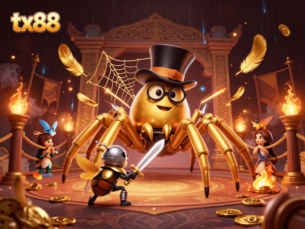 Experience the thrill at tx88, where a giant golden tarantula and a beetle knight battle in a dazzling casino scene.