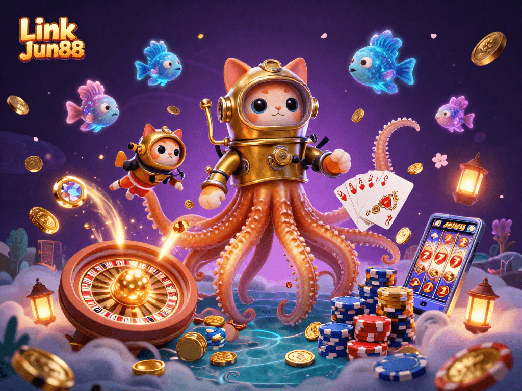 Experience thrilling bets with Link Jun88 as a magnificent kraken guards treasures in an immersive casino scene.