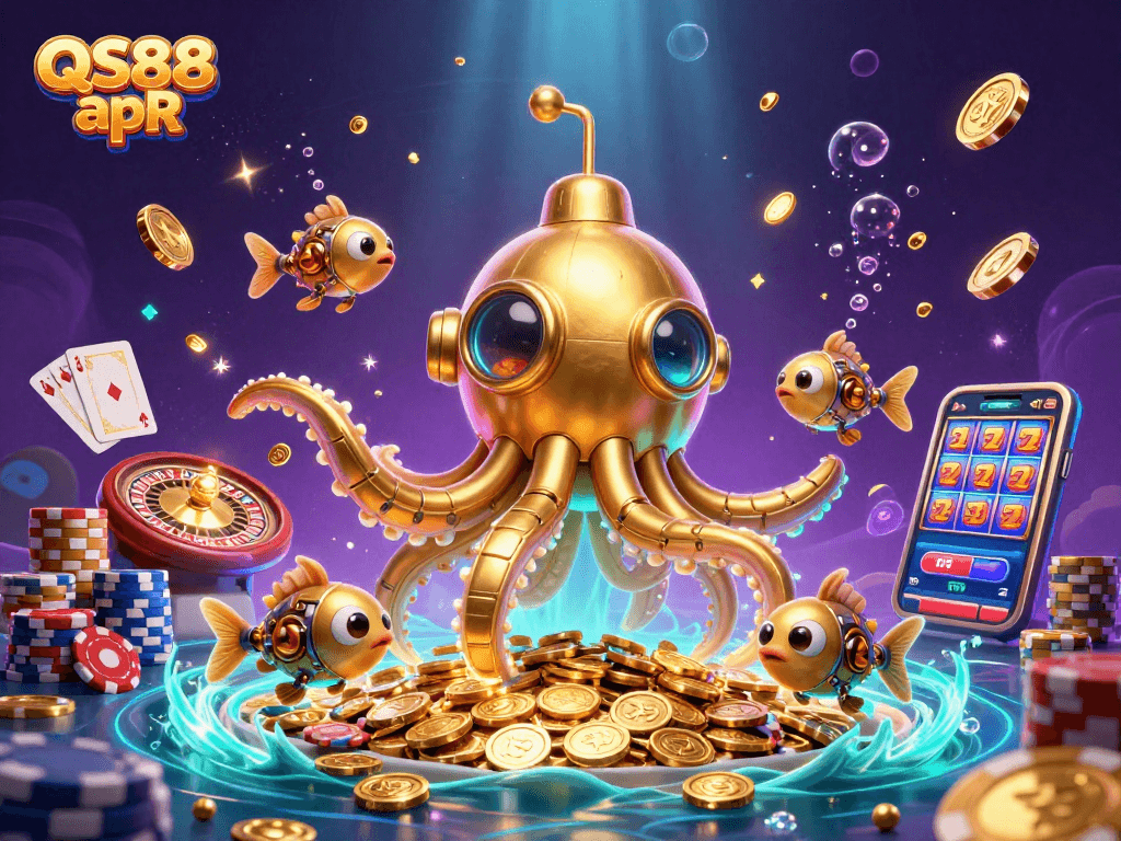 Experience thrilling gameplay with QS88 apR, showcased in vibrant 3D casino art featuring golden treasures.