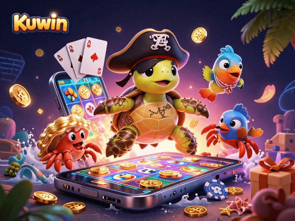 Kuwin showcases a vibrant underwater casino scene with a pirate turtle and treasure, perfect for gaming excitement.