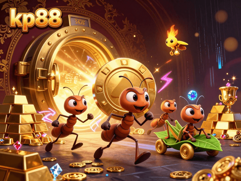 Experience kp88's thrilling heist with cartoon ants, golden poker chips, and vibrant casino treasures.