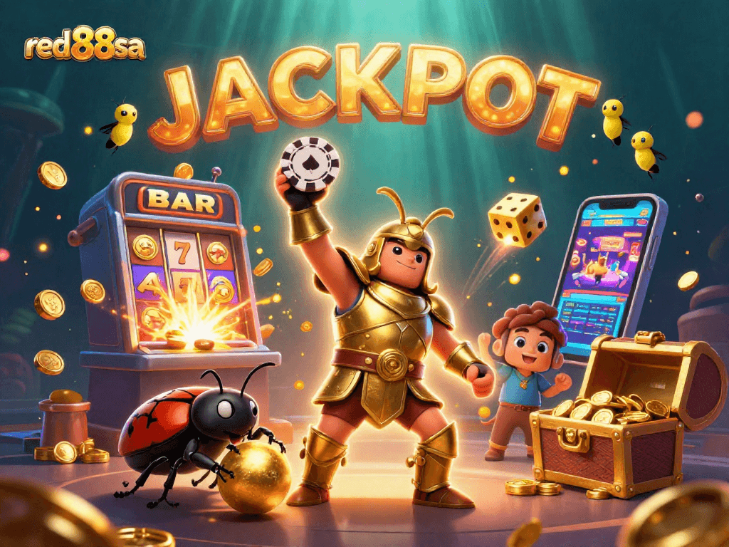Experience the thrill of winning at red88sa with a vibrant casino illustration featuring playful characters.