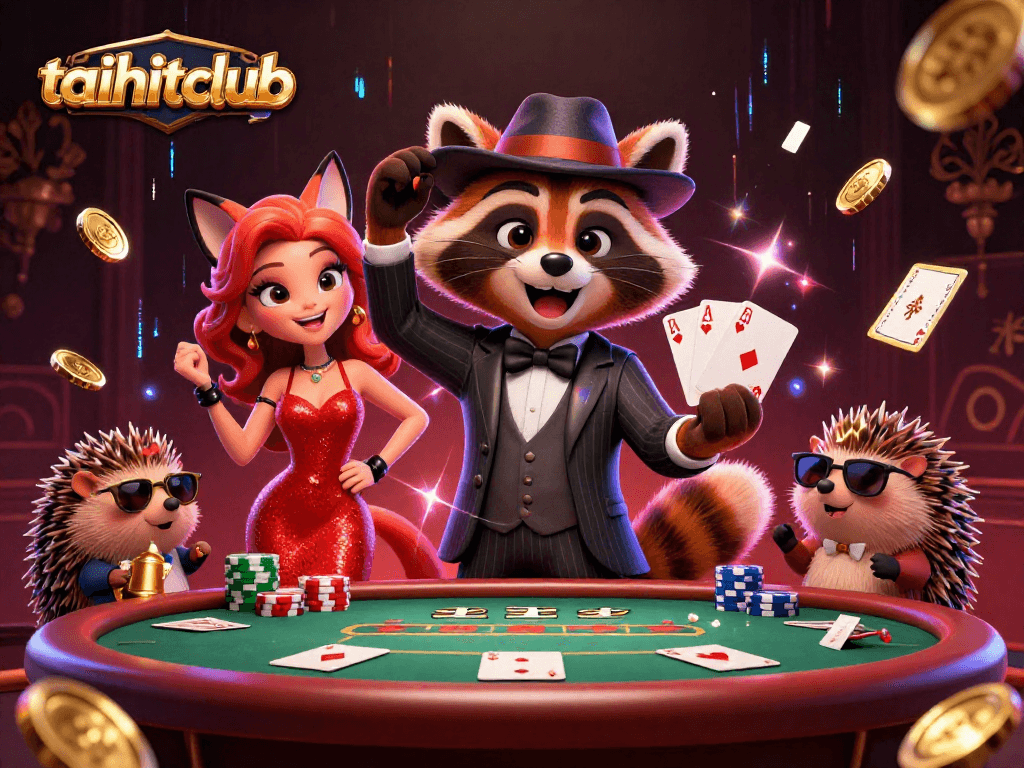Experience thrilling poker action with taihitclub, starring a suave raccoon, a glamorous fox, and a protective hedgehog.