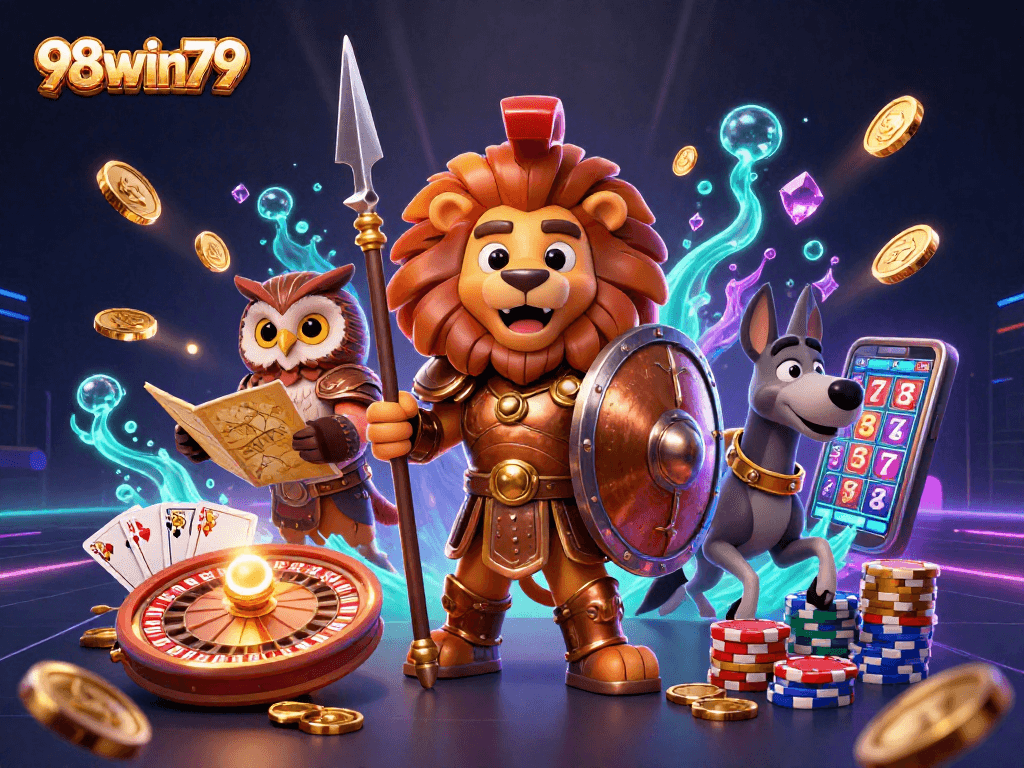 Engage with the thrilling world of 98win79 through this dynamic casino scene featuring heroic characters and vibrant gaming elements.