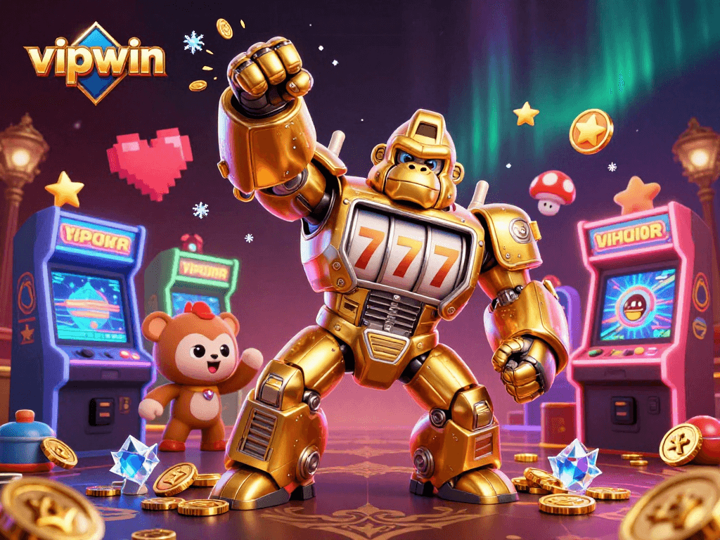 Experience the excitement of vipwin with a thrilling 3D illustration of a golden gorilla mech amidst vibrant casino elements.