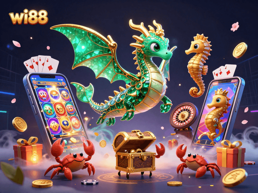 Experience thrilling plays at wi88 with a vibrant underwater casino scene featuring a dragon and treasures.