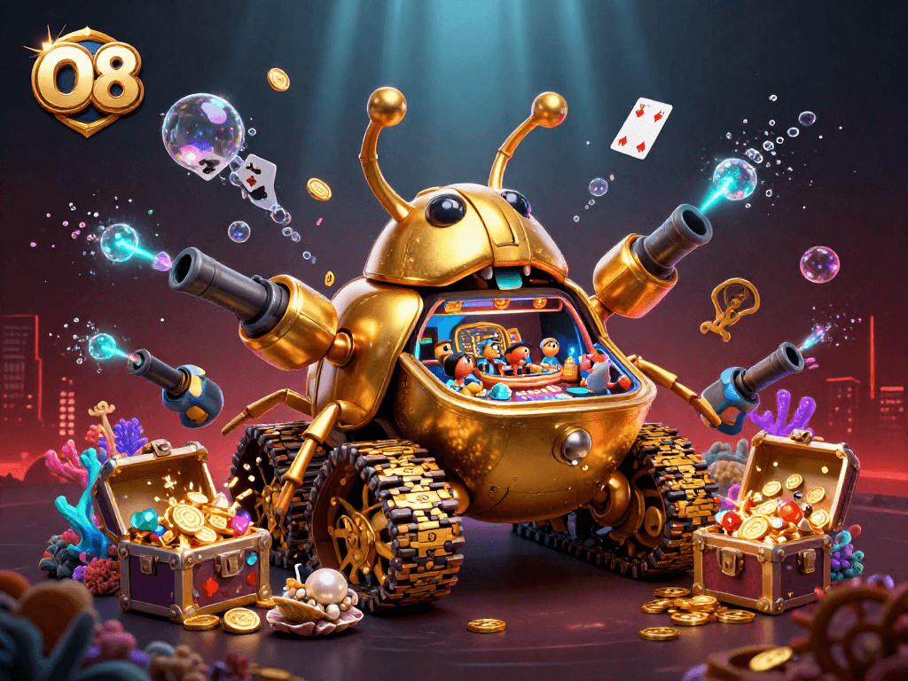 Win at O8 with a vibrant underwater casino scene featuring a golden beetle tank filled with exciting games.