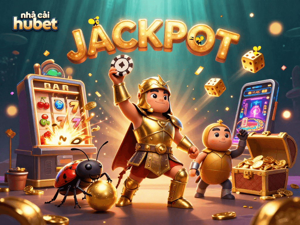 Experience victory at nhà cái hubet with vibrant slot machines, golden coins, and exciting jackpot elements.