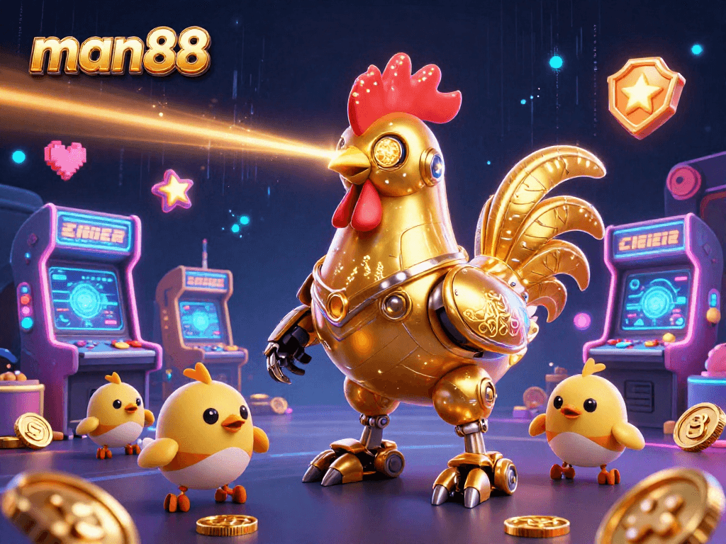 Engage with the exciting world of man88's online gambling featuring a golden rooster robot amidst game machines and vibrant arcade visuals.