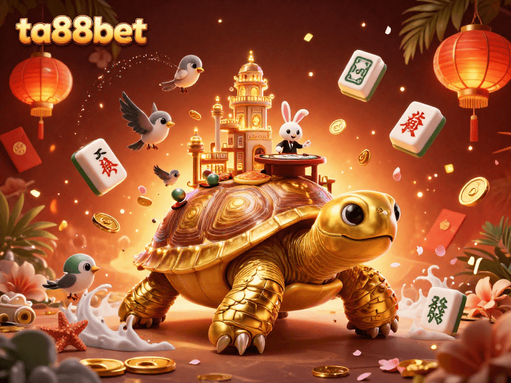Engage in thrilling gaming at ta88bet with a vibrant casino scene featuring a golden tortoise and lucky symbols.