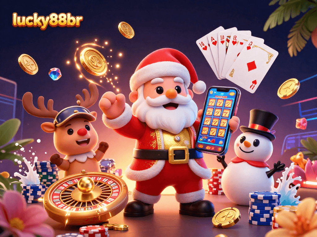 Engage with lucky88br's festive casino action featuring Santa Claus, a reindeer dealer, and a poker chip snowman.