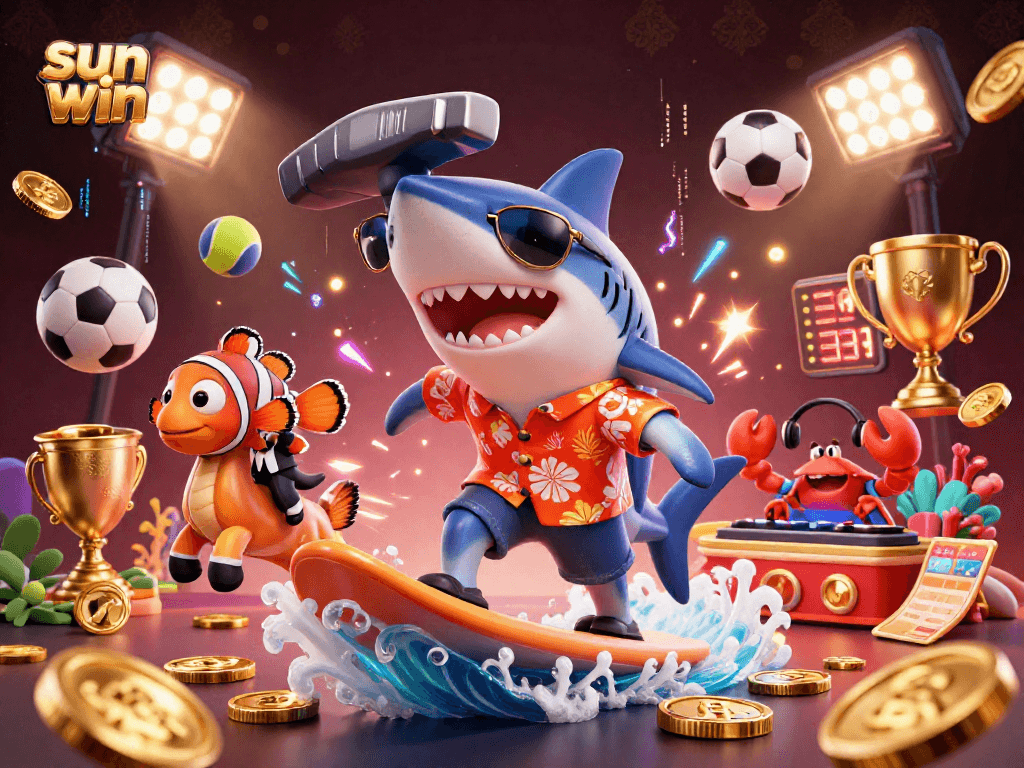 Win big with sun win imagery of golden coins and dynamic sports elements in a thrilling casino scene.