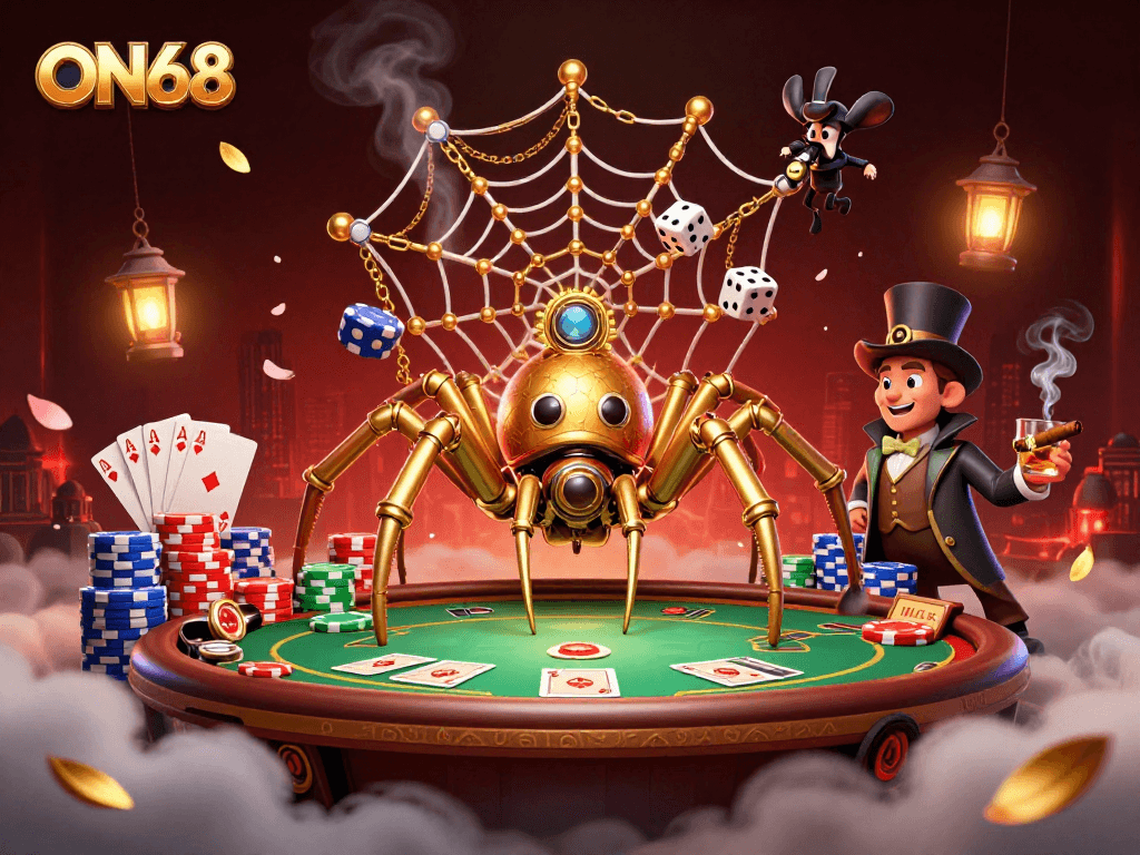 ON68 immerses players in a thrilling gambling scene with golden spider weaving chains and poker elements.