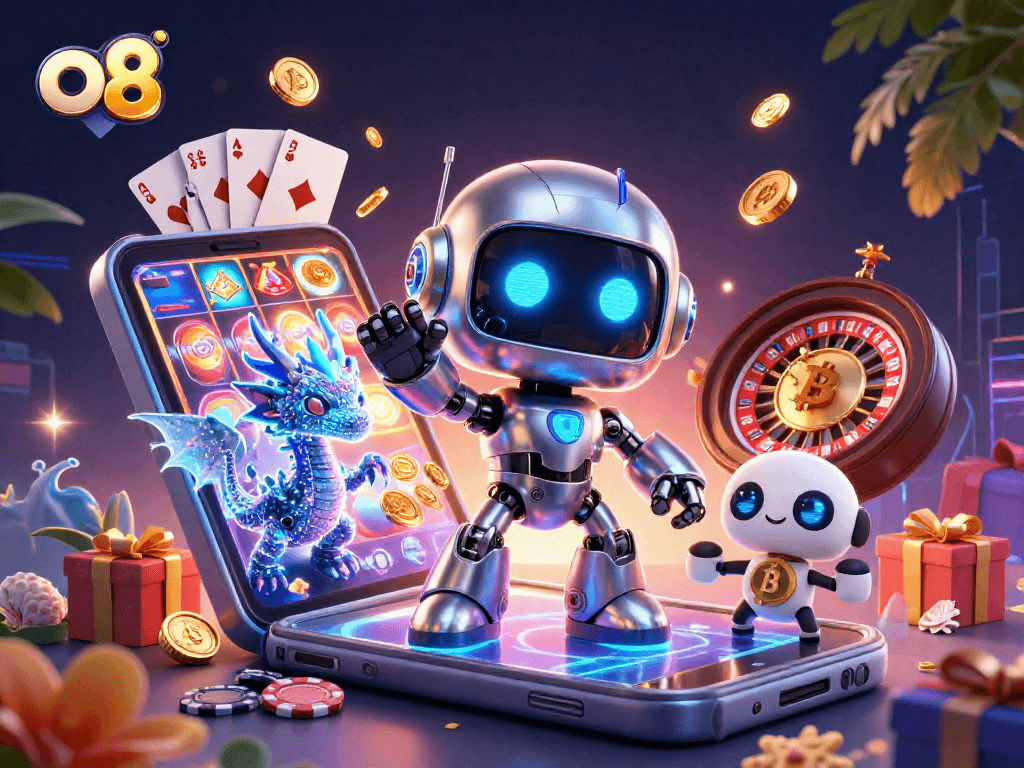 Play slots and win with O8's vibrant gaming atmosphere featuring a futuristic robot and a holographic dragon.