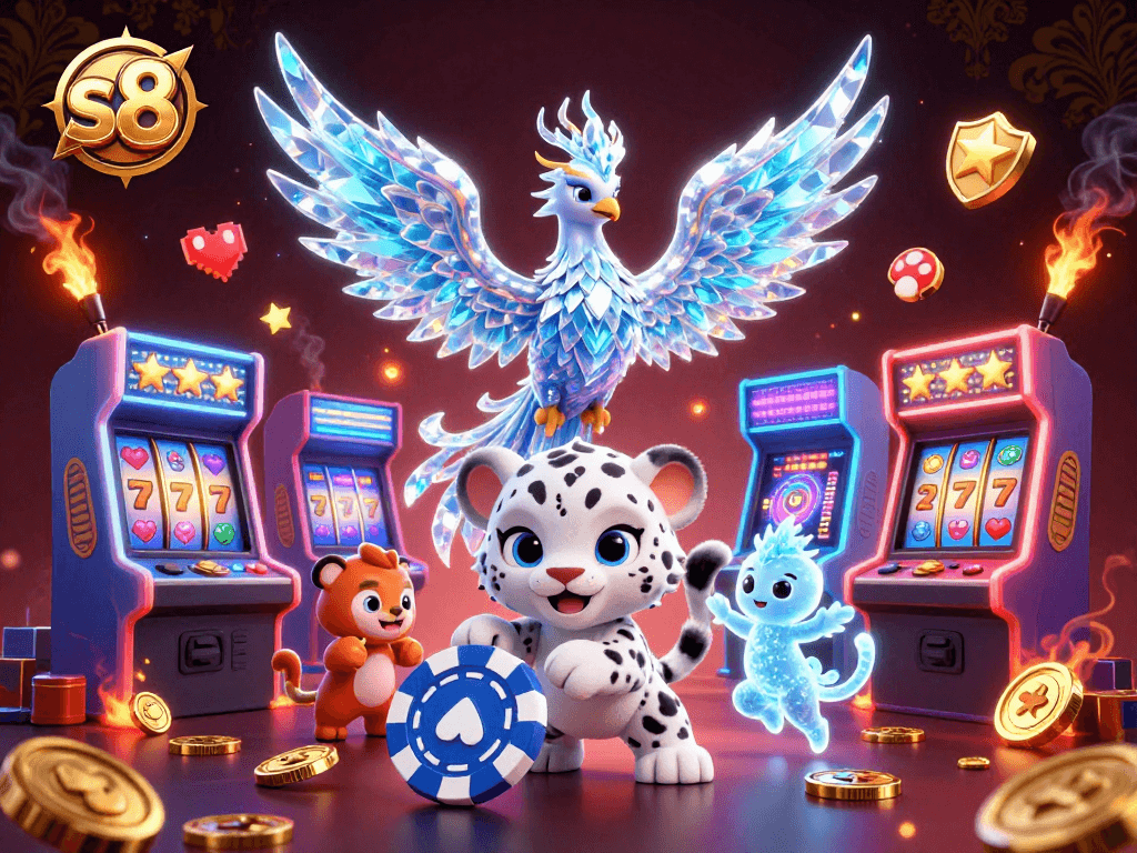 Engage with s8's rewarding gambling adventure through a vibrant 3D scene featuring an ice phoenix and enchanting casino elements.