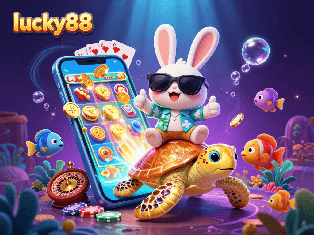 Enter the exciting world of lucky88 casino with a cartoon rabbit and sea turtle adventure, showcasing vibrant gaming elements.