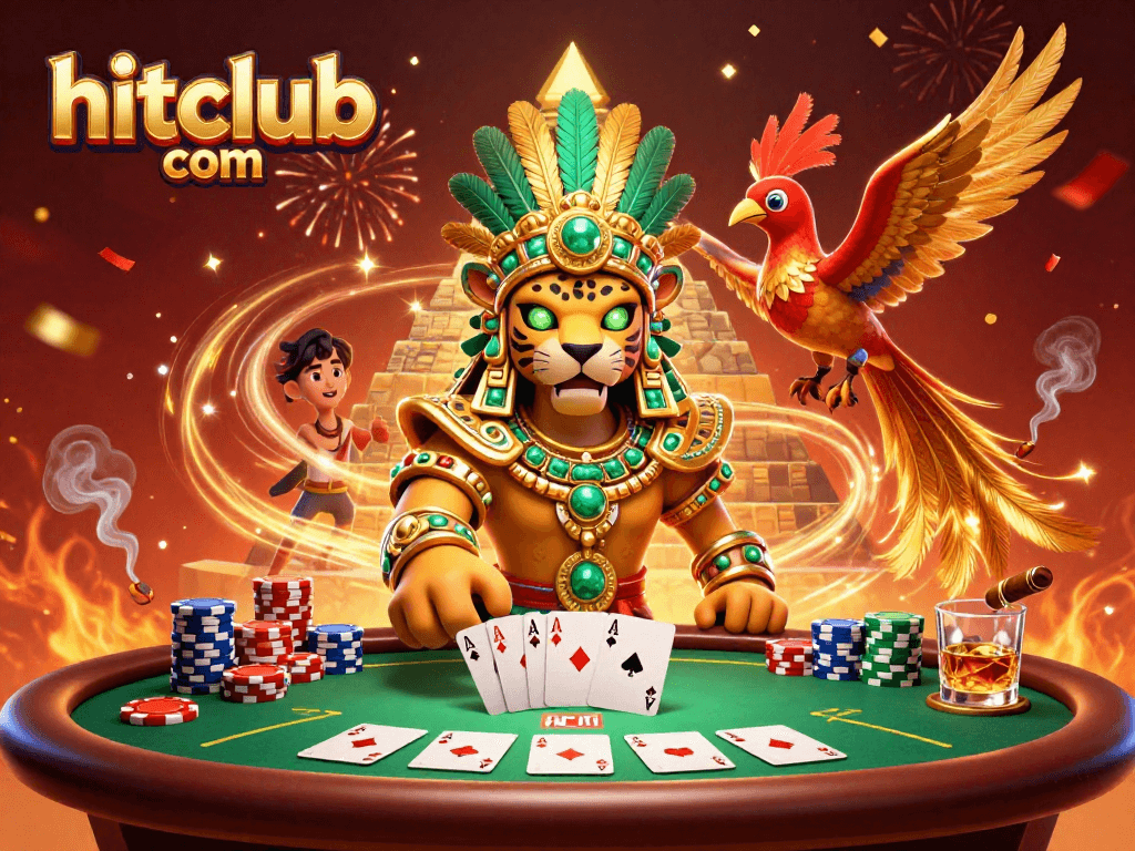 Engage in thrilling poker play at hitclub com with the vibrant 3D casino scene featuring iconic Mayan characters.