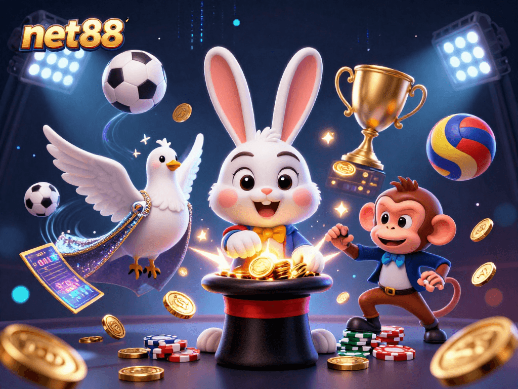 Net88 showcases thrilling gaming with a magician rabbit, dove, and monkey in a packed casino.