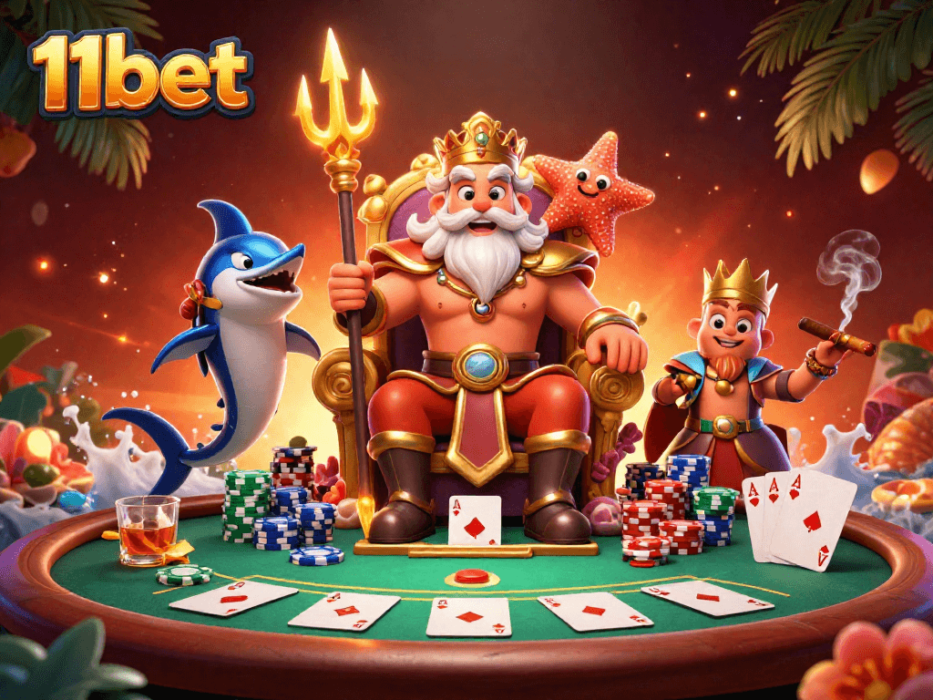 Engaging gaming scene with 11bet's Neptune and poker elements, showcasing a vibrant casino atmosphere.