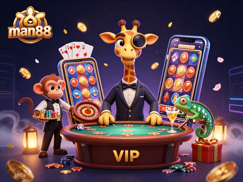 Experience the excitement at man88 with a high-roller giraffe and vibrant casino elements.