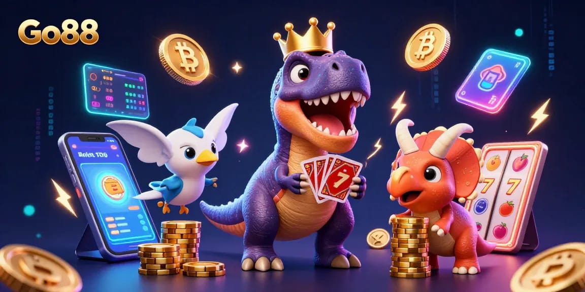 Shuffle cards with Go88 in a vibrant 3D casino scene featuring friendly dino characters.