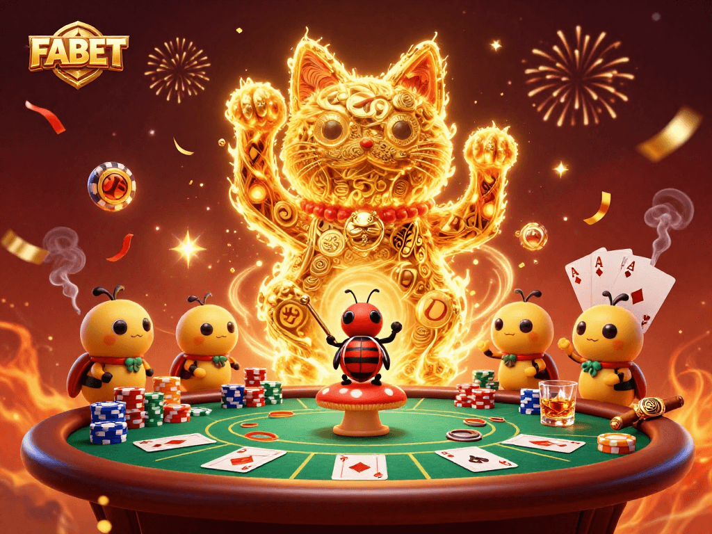 Join the excitement with FA BET, featuring a vibrant lucky cat and dynamic casino symbols.