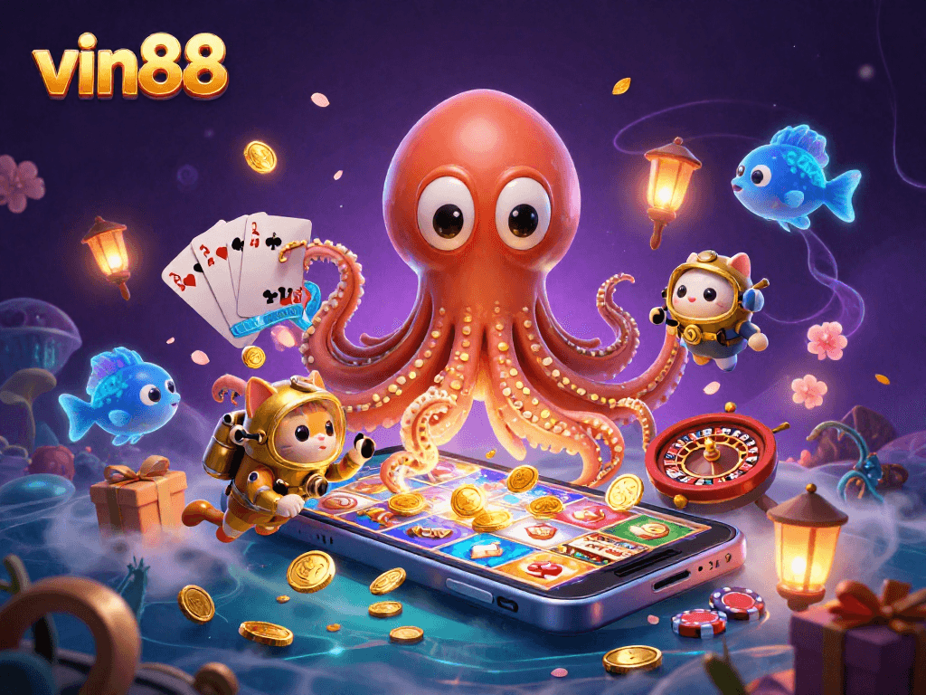 Experience the thrill of vin88 with a vibrant underwater casino scene featuring a kraken and diving cat.