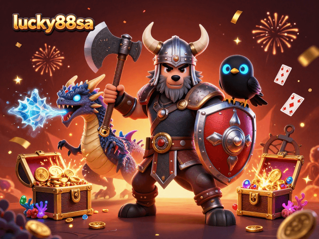 Engage with lucky88sa, featuring a Viking wolf warrior and magical dragons amidst a vibrant casino scene!