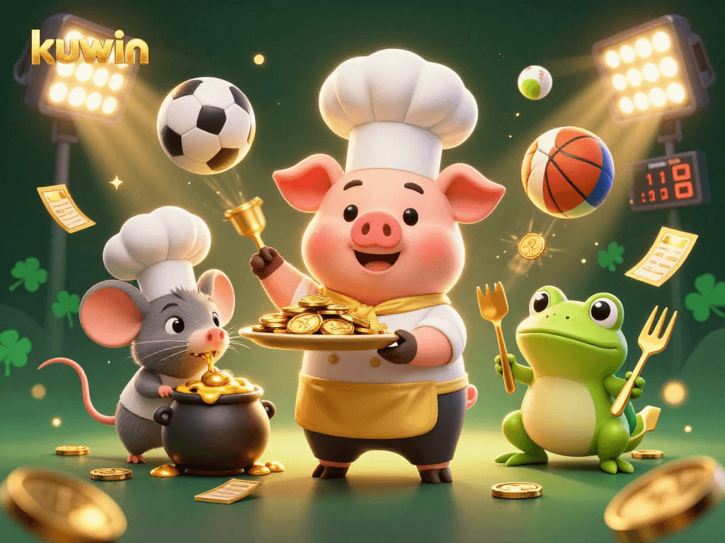 kuwin showcases a lively scene with characters celebrating wins amidst sports and golden coins