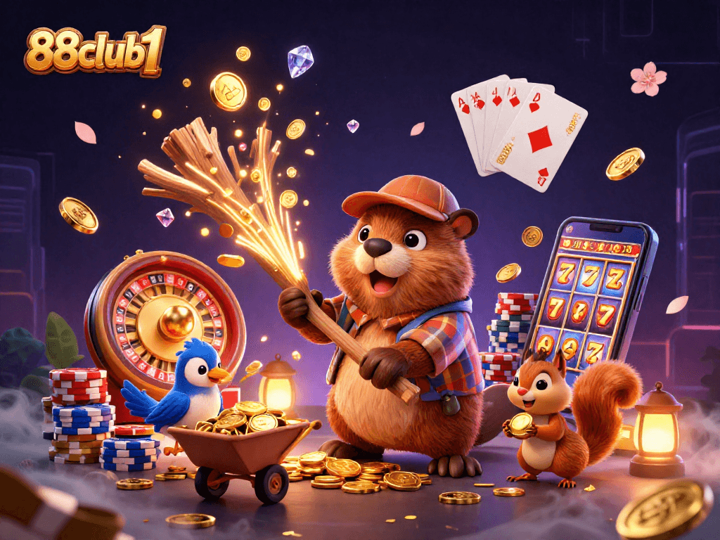 Join the excitement at 88club1 as the beaver chops down a tree raining coins while a bird collects treasures!