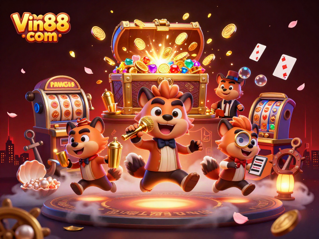 Win big with fun casino activities at Vin88 com featuring hyena characters in a vibrant scene.