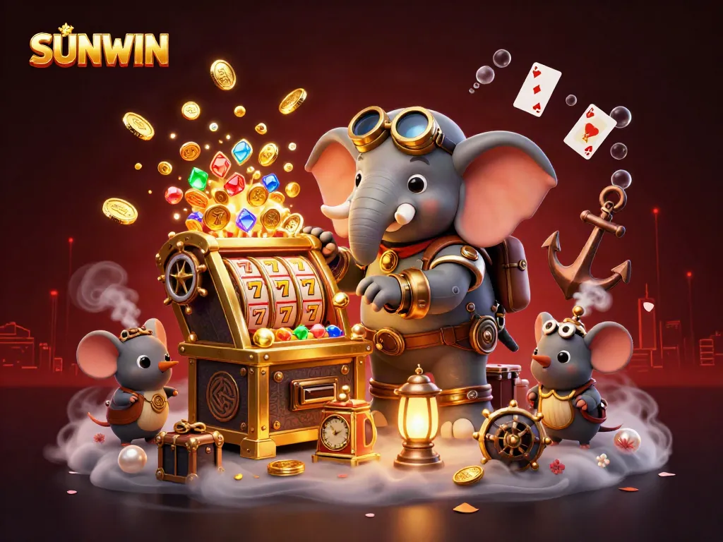 Experience the thrill of SUNWIN with a steampunk elephant operating a slot machine amidst a vibrant casino scene.
