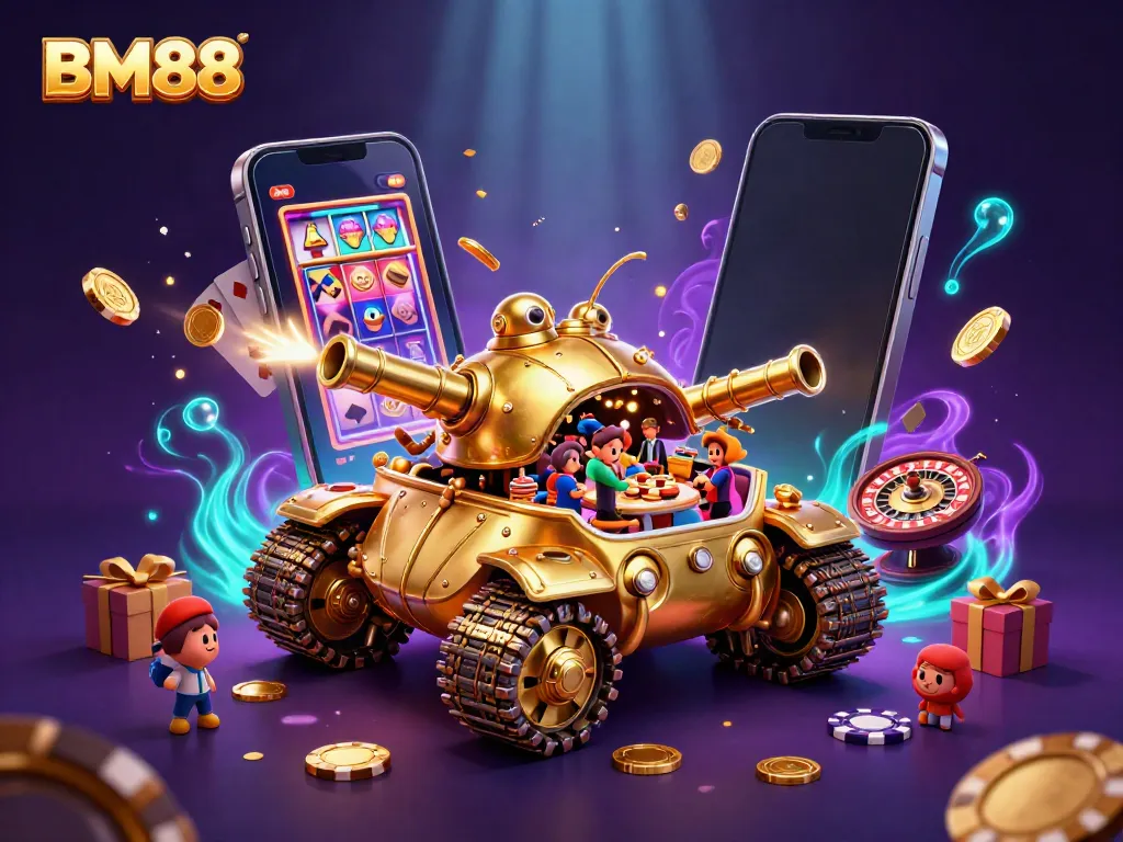 Spin reels and win big at BM88's vibrant miniature casino scene with golden beetle tank.