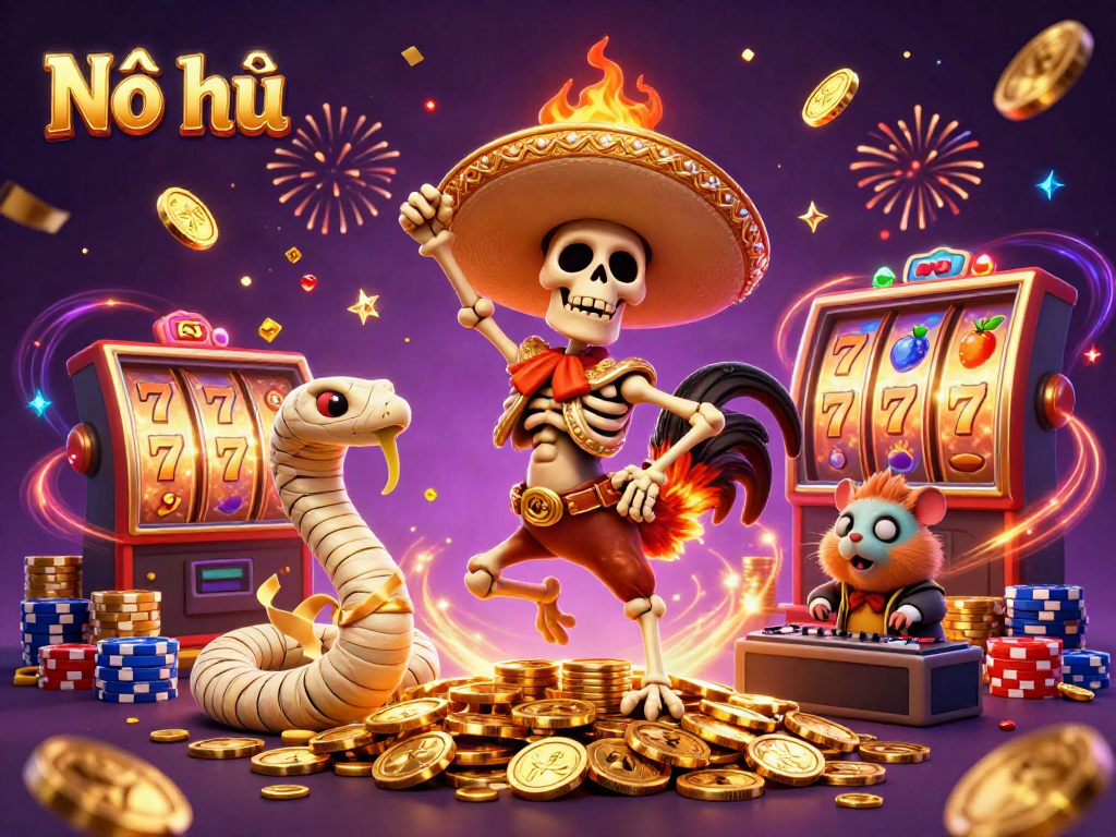 Nổ hũ online slots featuring a vibrant scene with a dancing skeleton mariachi and golden coins