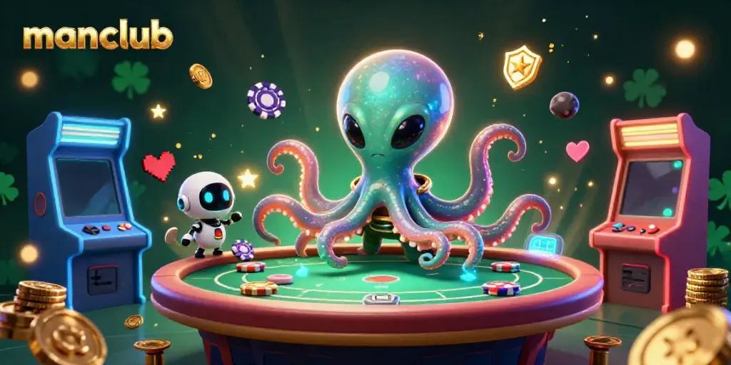 Experience vibrant gameplay at manclub with an alien octopus masterfully engaging in a cosmic poker game.