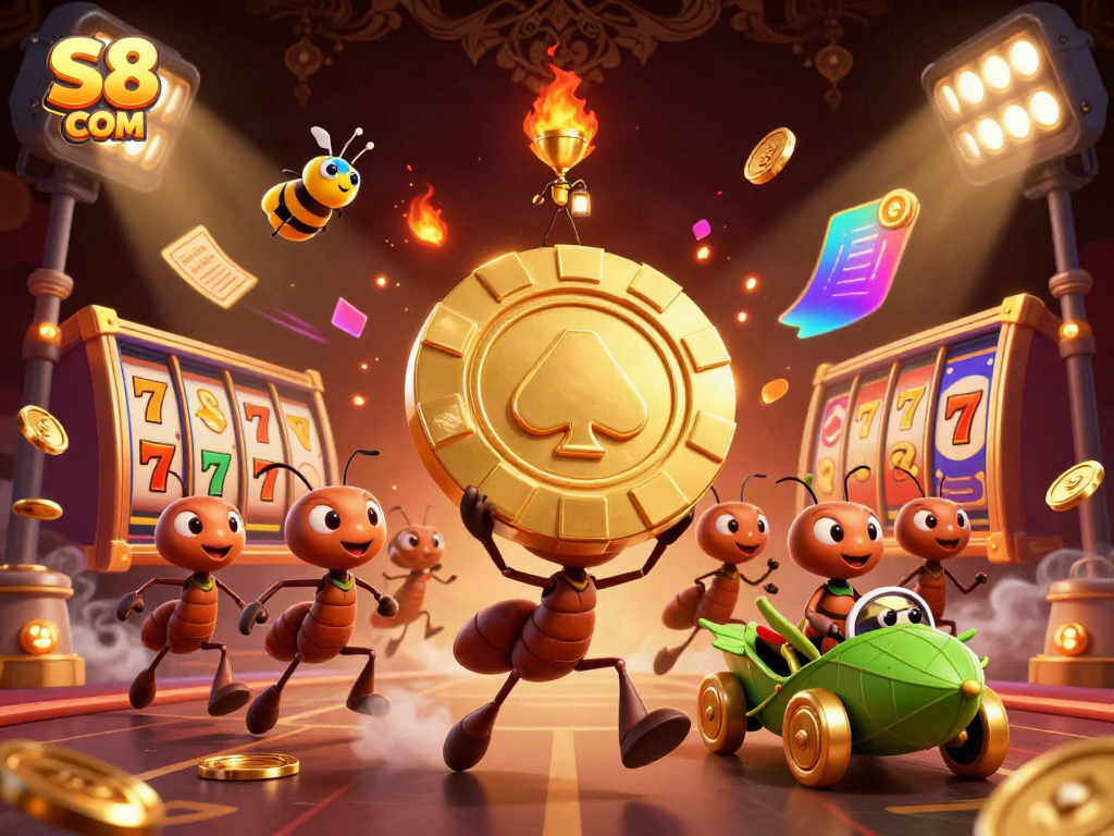 Engage with S8 COM's vibrant casino art capturing ants heisting a poker chip amid dynamic gambling elements.