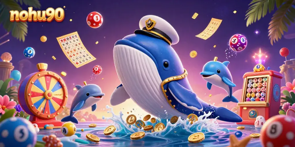 Join the fun at nohu90 with a lively scene featuring a whale, narwhal, and dolphins amidst coins and lottery elements.