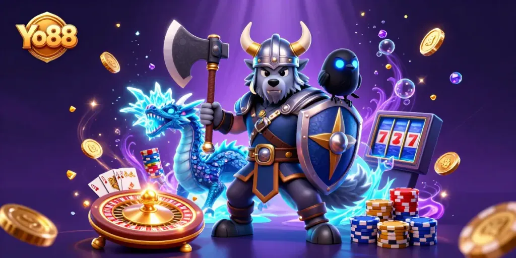 Experience the thrilling gameplay at Yo88 with a Viking wolf warrior, dragon, and casino elements.