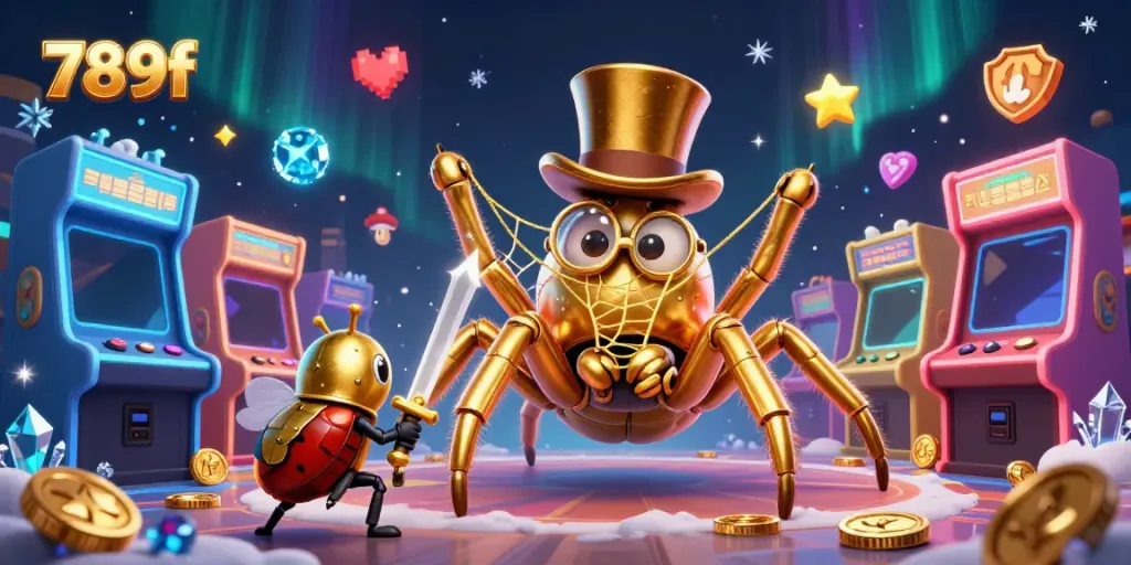 Engage in exciting casino gameplay with 789f as a golden tarantula weaves a golden web amidst vibrant casino elements.