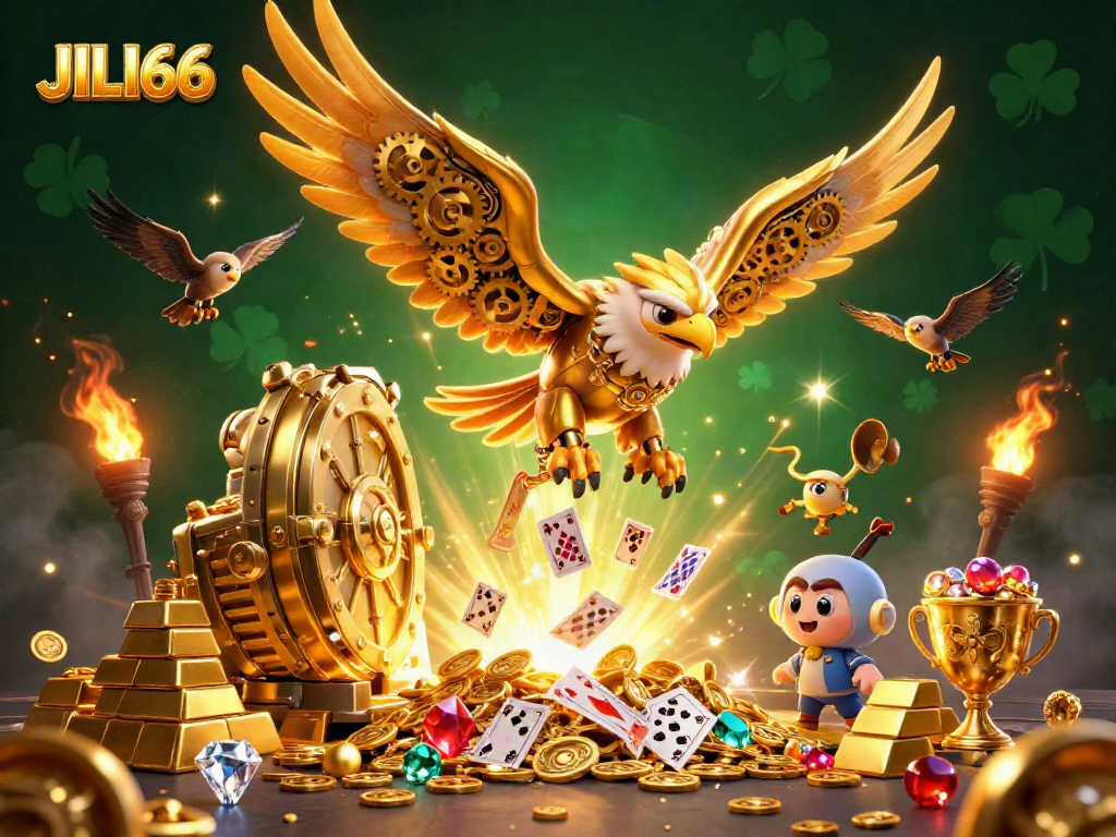 Experience excitement with JILI66 as the golden eagle soars through a vibrant casino scene.