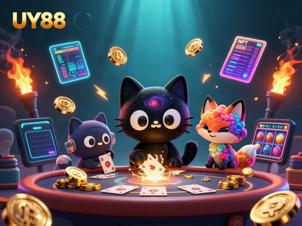 Experience UY88's vibrant cosmic casino atmosphere filled with digital slots and crypto elements.