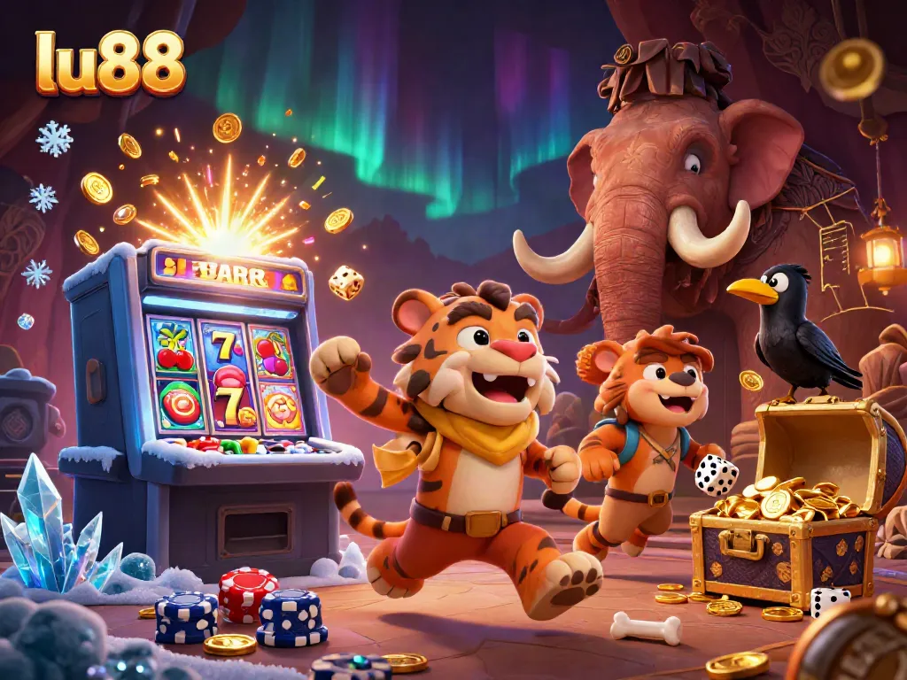 Engage with LU88's dynamic prehistoric casino, featuring action-packed illustrations of cavemen and slot machines.