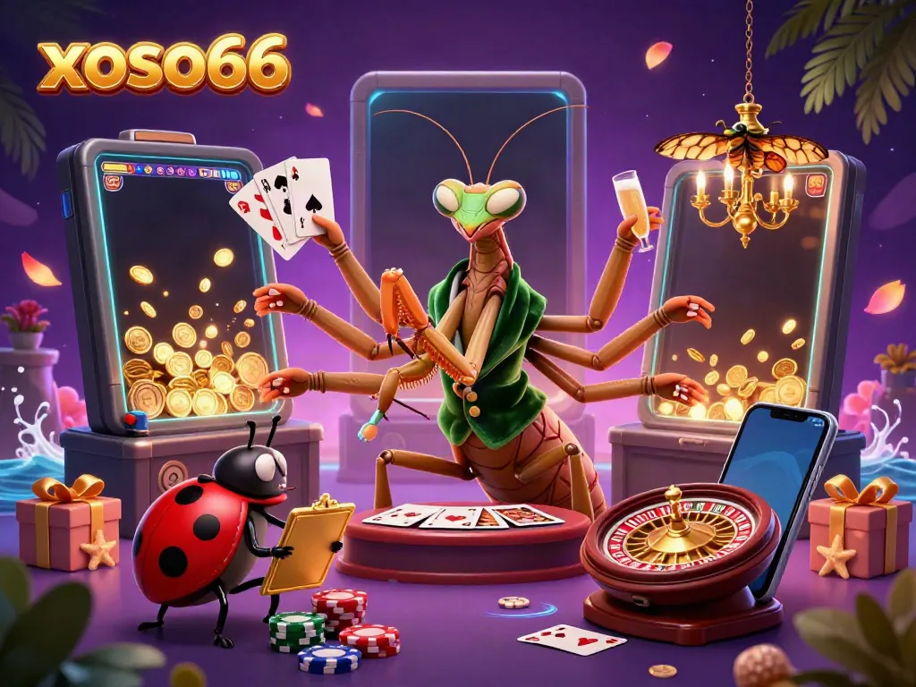 xoso66 showcases a dynamic casino scene with a giant mantis card sharp and vibrant slot elements.
